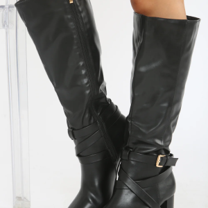 Knee High Block Heeled Boot -Black