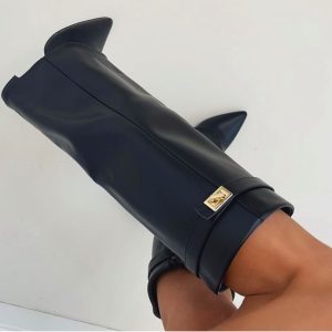 Fold Over Shark Classic Buckle Knee High Boot -Black