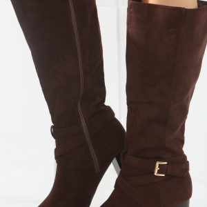 Knee High Block Heeled Boot -Brown Suede