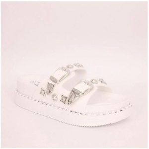 Platform Studded Buckle Sandal -White