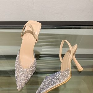 Crystal-Embellished Pointed-Toe Slingback Heels -Beige